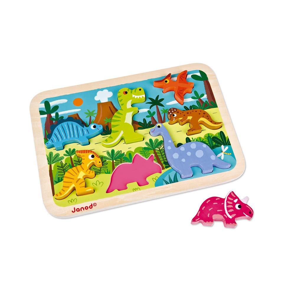 Janod Dinosaur Chunky Puzzle - 7 Easy-Grip Wooden Pieces