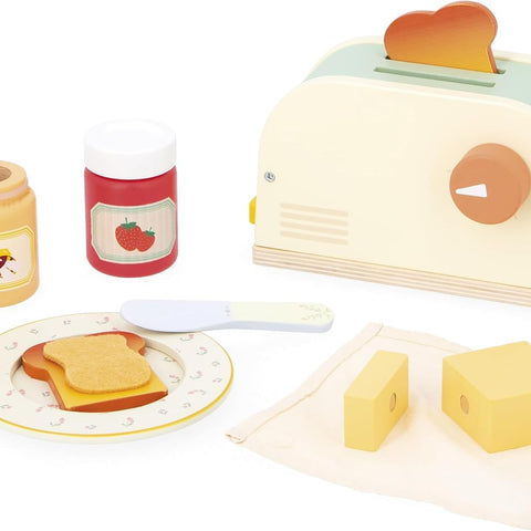 Janod Wooden Toaster - Jumping Toast Breakfast Set, 10 Pieces