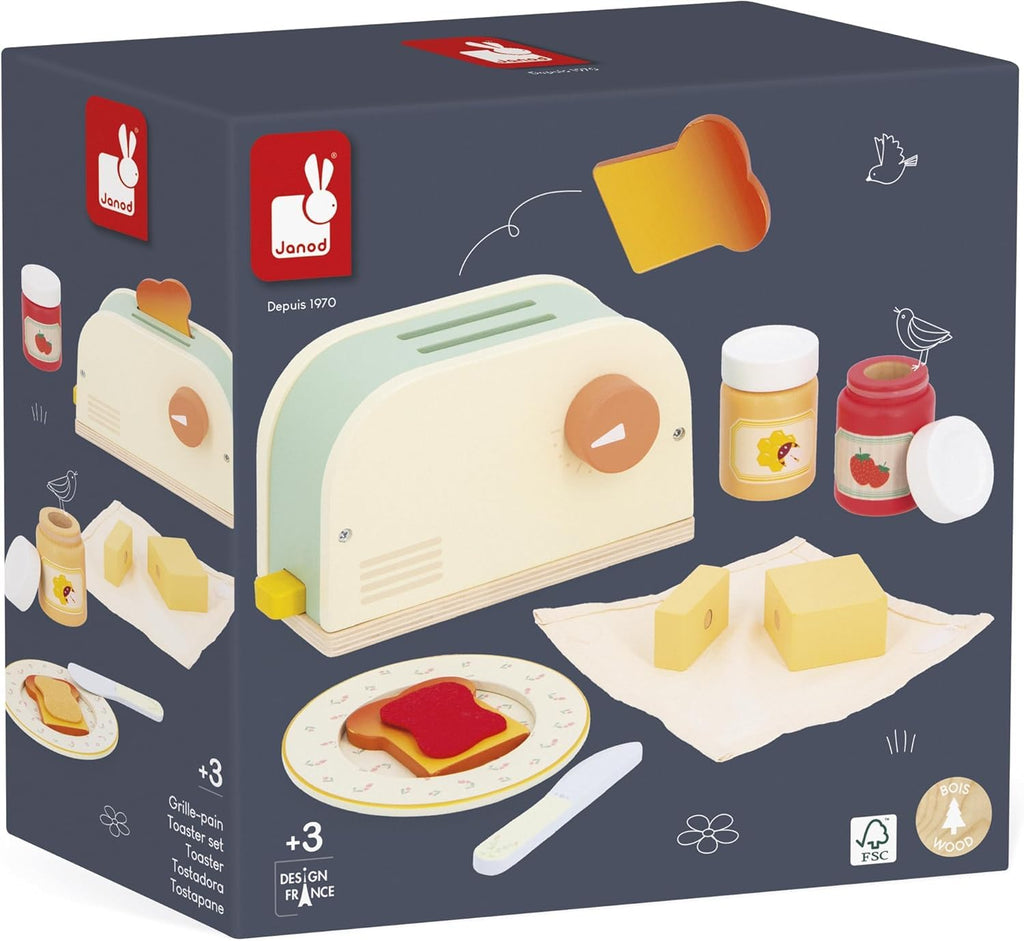 Janod Wooden Toaster - Jumping Toast Breakfast Set, 10 Pieces