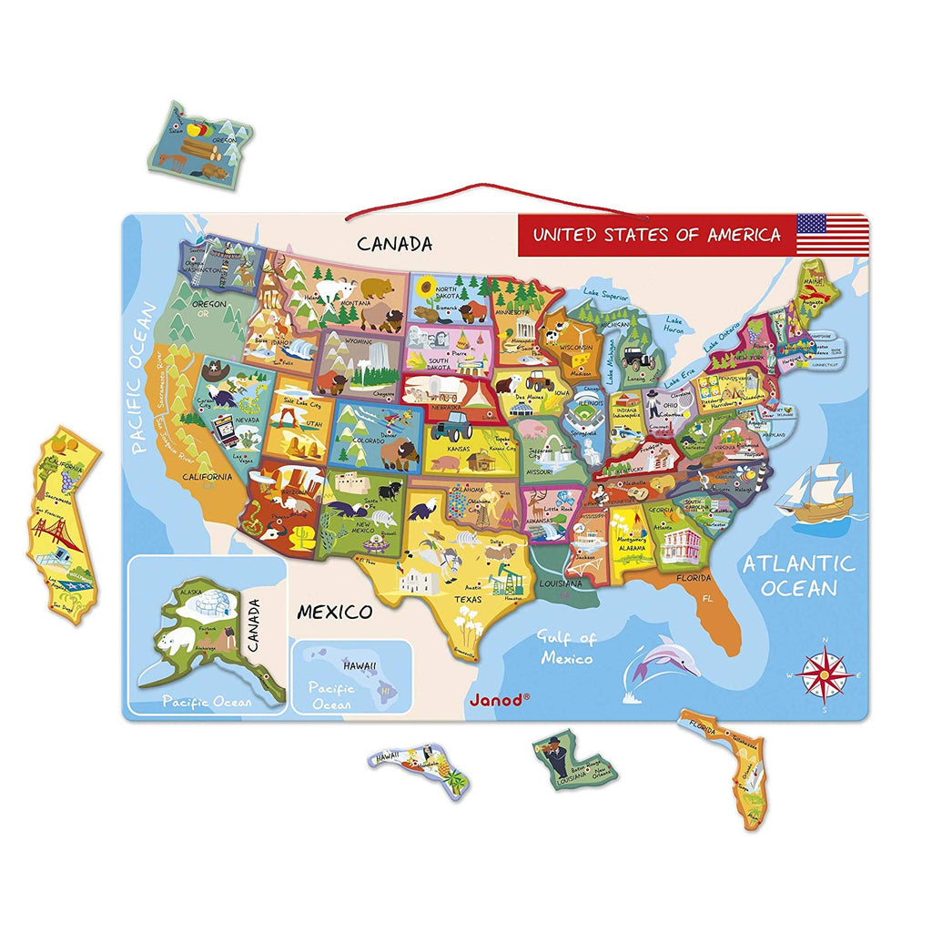 Janod Magnetic USA Map - 48 States, Capitals, Landmarks