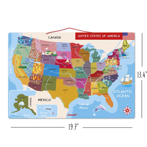 Janod Magnetic USA Map - 48 States, Capitals, Landmarks