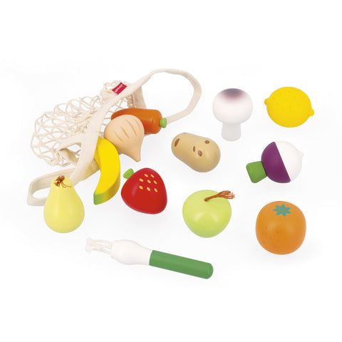Janod 12 Fruits & Vegetables - Wooden Market Set in Canvas Bag