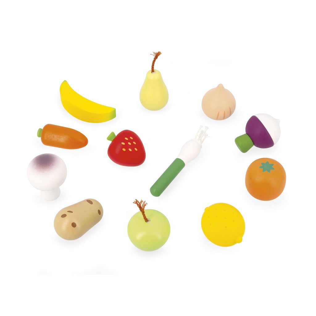 Janod 12 Fruits & Vegetables - Wooden Market Set in Canvas Bag