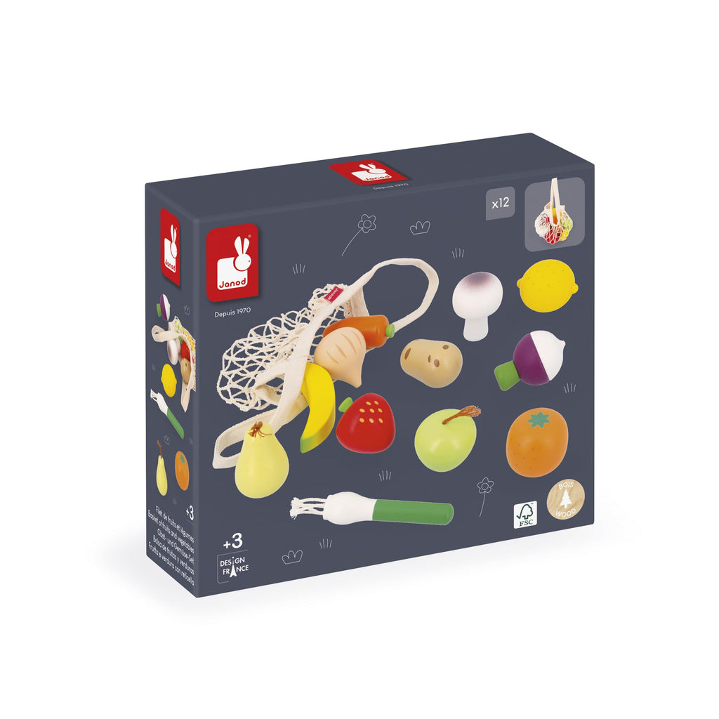 Janod 12 Fruits & Vegetables - Wooden Market Set in Canvas Bag