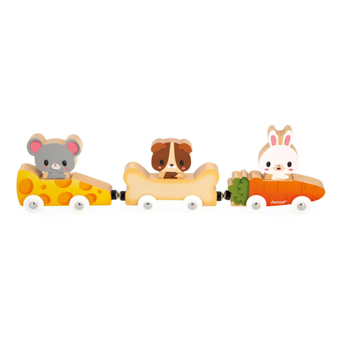 Janod Pets Car Train - Magnetic Cars Shaped Like Favorite Foods