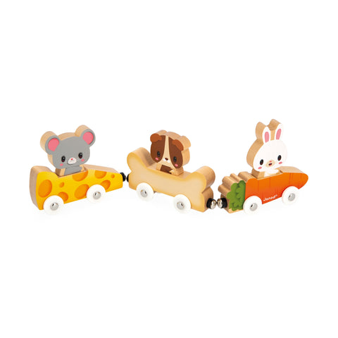 Janod Pets Car Train - Magnetic Cars Shaped Like Favorite Foods