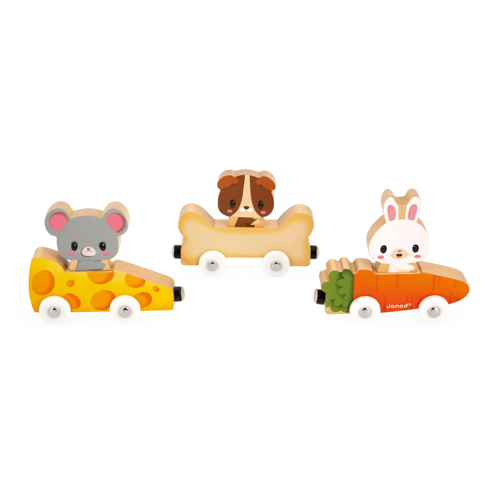 Janod Pets Car Train - Magnetic Cars Shaped Like Favorite Foods