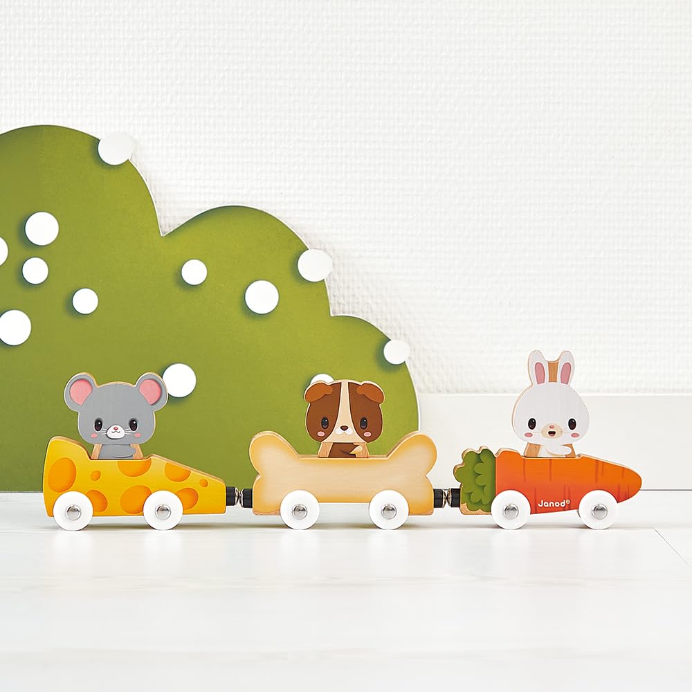 Janod Pets Car Train - Magnetic Cars Shaped Like Favorite Foods
