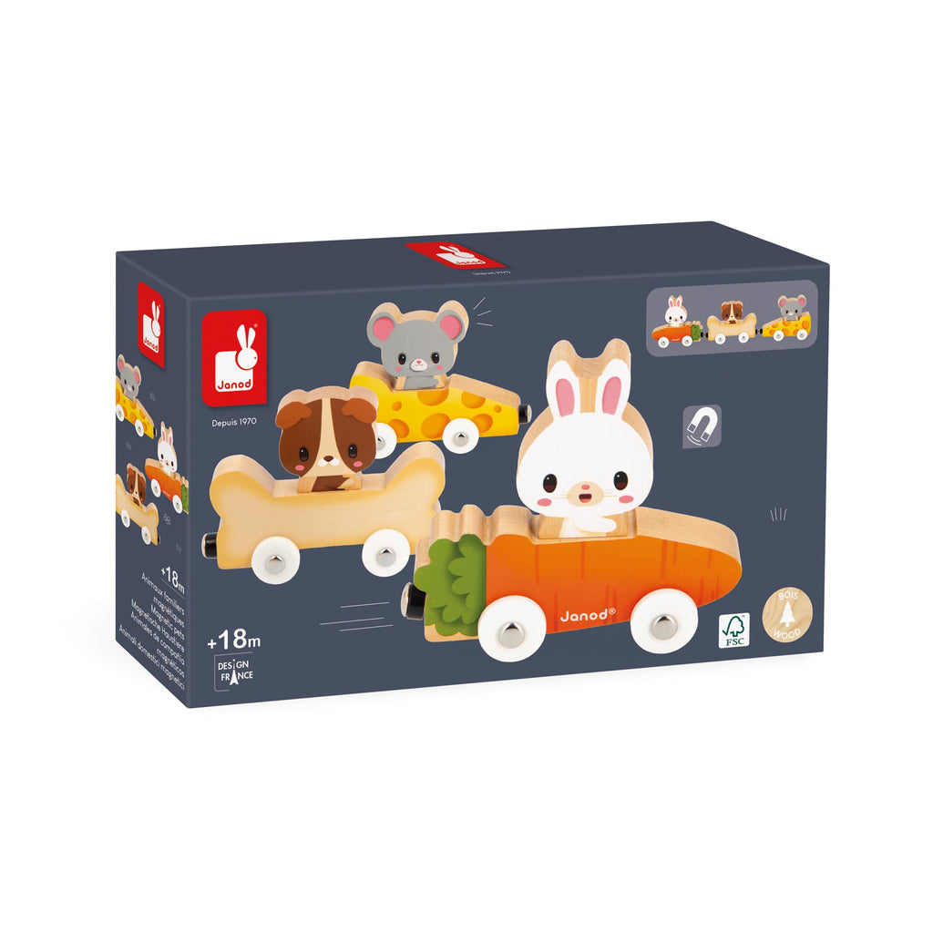 Janod Pets Car Train - Magnetic Cars Shaped Like Favorite Foods