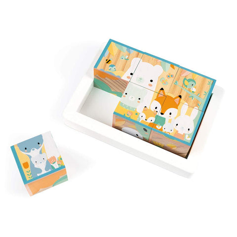 Janod Pure Block Tray - 6 Woodland Cubes, 6 Animal Scenes