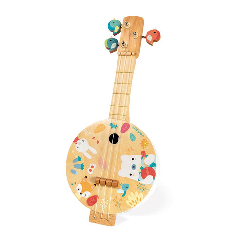 Janod Pure Banjo - Wooden Banjo with Whimsical Bird Tuners