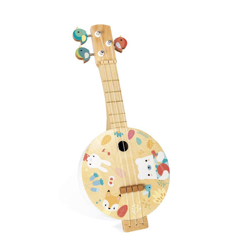 Janod Pure Banjo - Wooden Banjo with Whimsical Bird Tuners