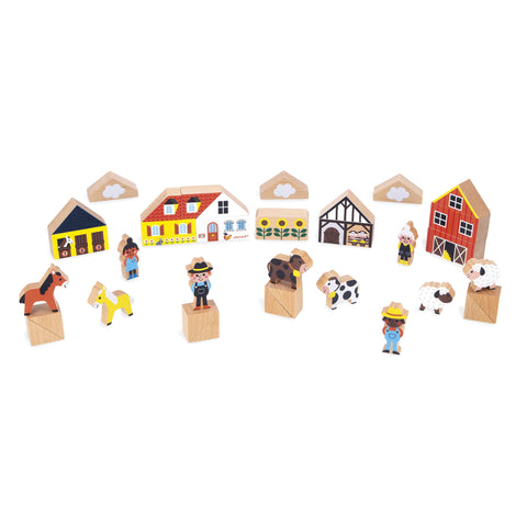 Janod 34 Wooden Cubes - Countryside Building Set for Kids