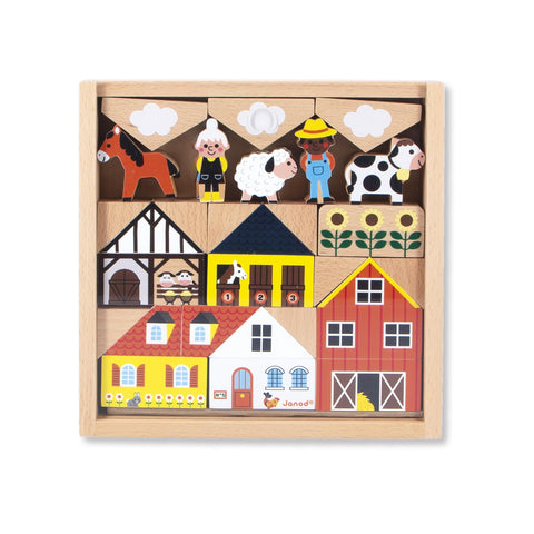 Janod 34 Wooden Cubes - Countryside Building Set for Kids