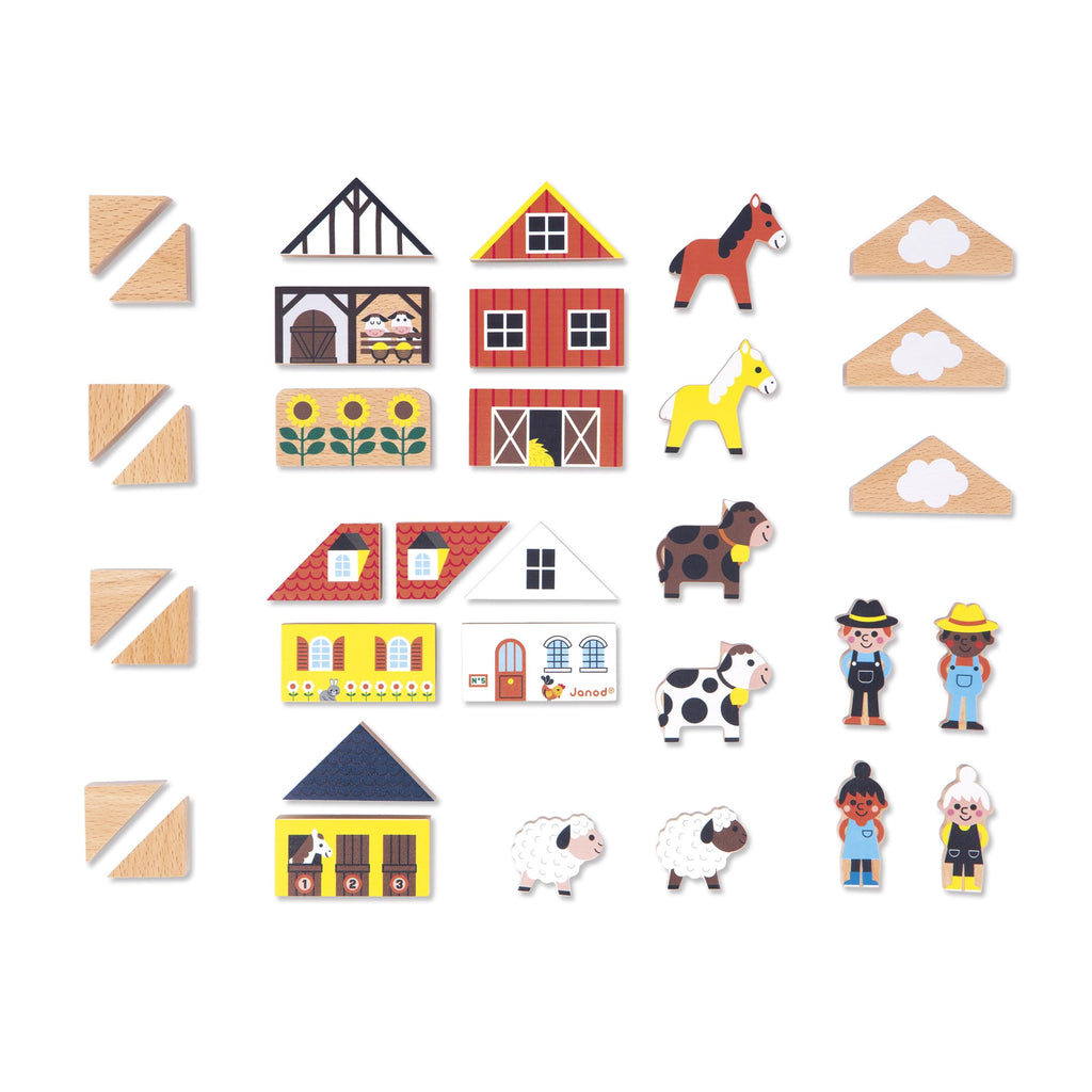 Janod 34 Wooden Cubes - Countryside Building Set for Kids