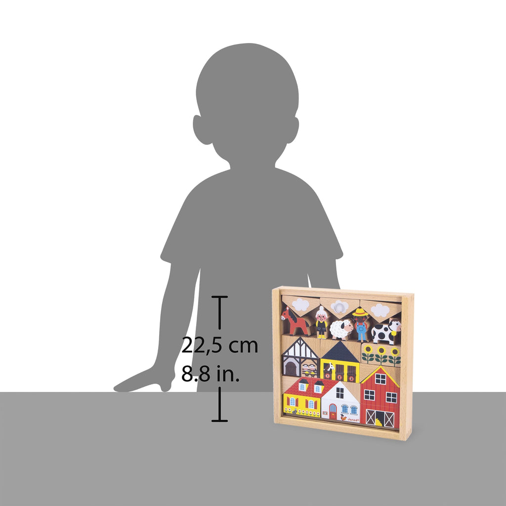 Janod 34 Wooden Cubes - Countryside Building Set for Kids