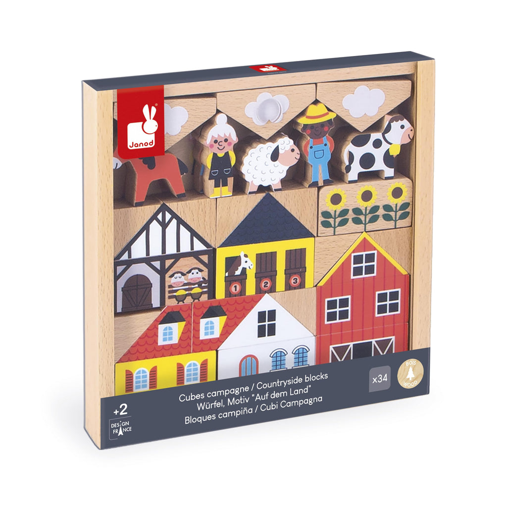 Janod 34 Wooden Cubes - Countryside Building Set for Kids