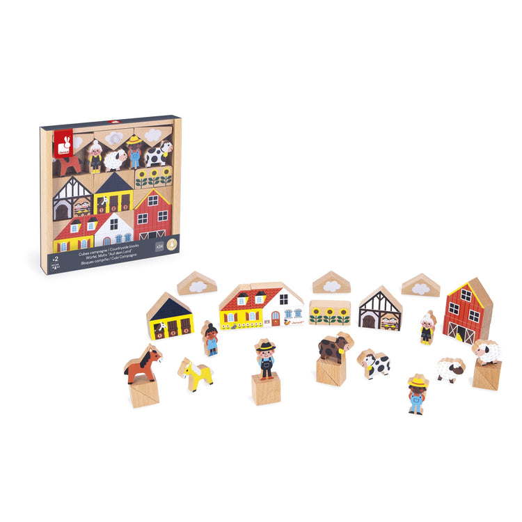 Janod 34 Wooden Cubes - Countryside Building Set for Kids