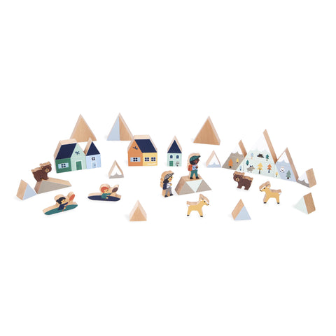Janod 34 Wooden Cubes - Snowy Mountain Building Play Set