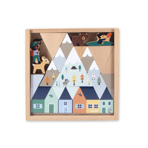 Janod 34 Wooden Cubes - Snowy Mountain Building Play Set