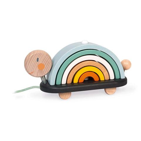 Janod Rainbow Turtle - 2-In-1 Stacking Pull Toy with Arches