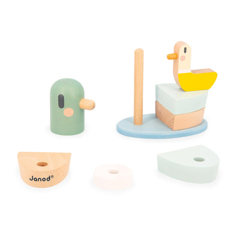 Janod Duck Stacking Toy - 7 Wooden Pieces on Flexible Poles