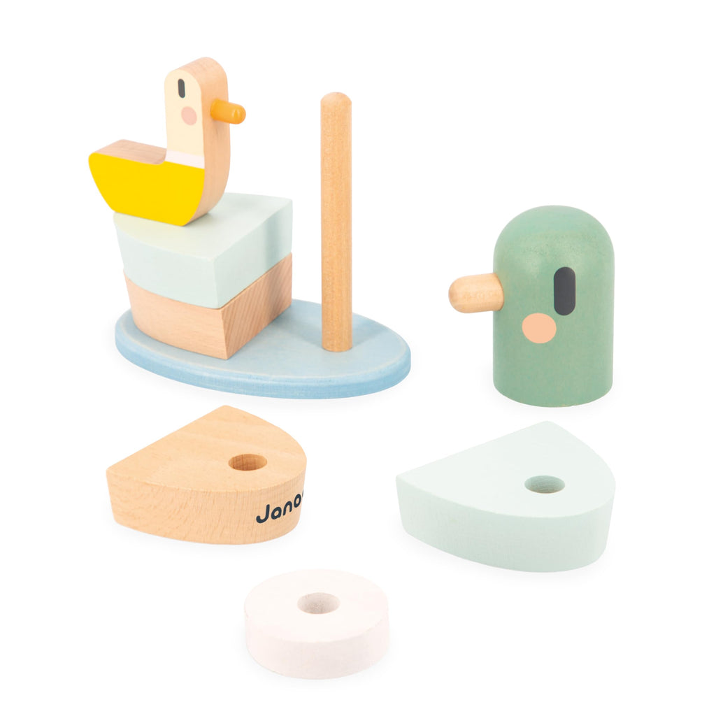 Janod Duck Stacking Toy - 7 Wooden Pieces on Flexible Poles
