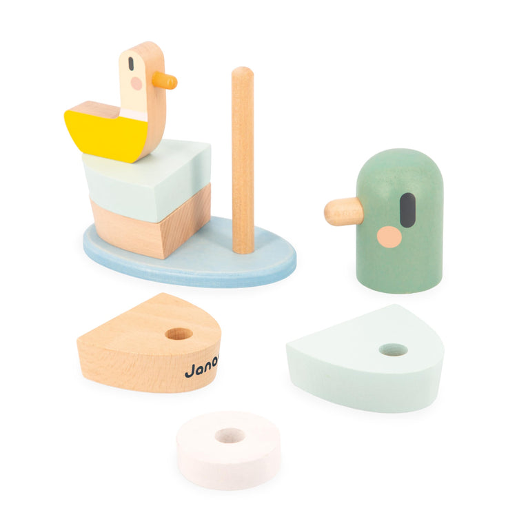 Janod Duck Stacking Toy - 7 Wooden Pieces on Flexible Poles