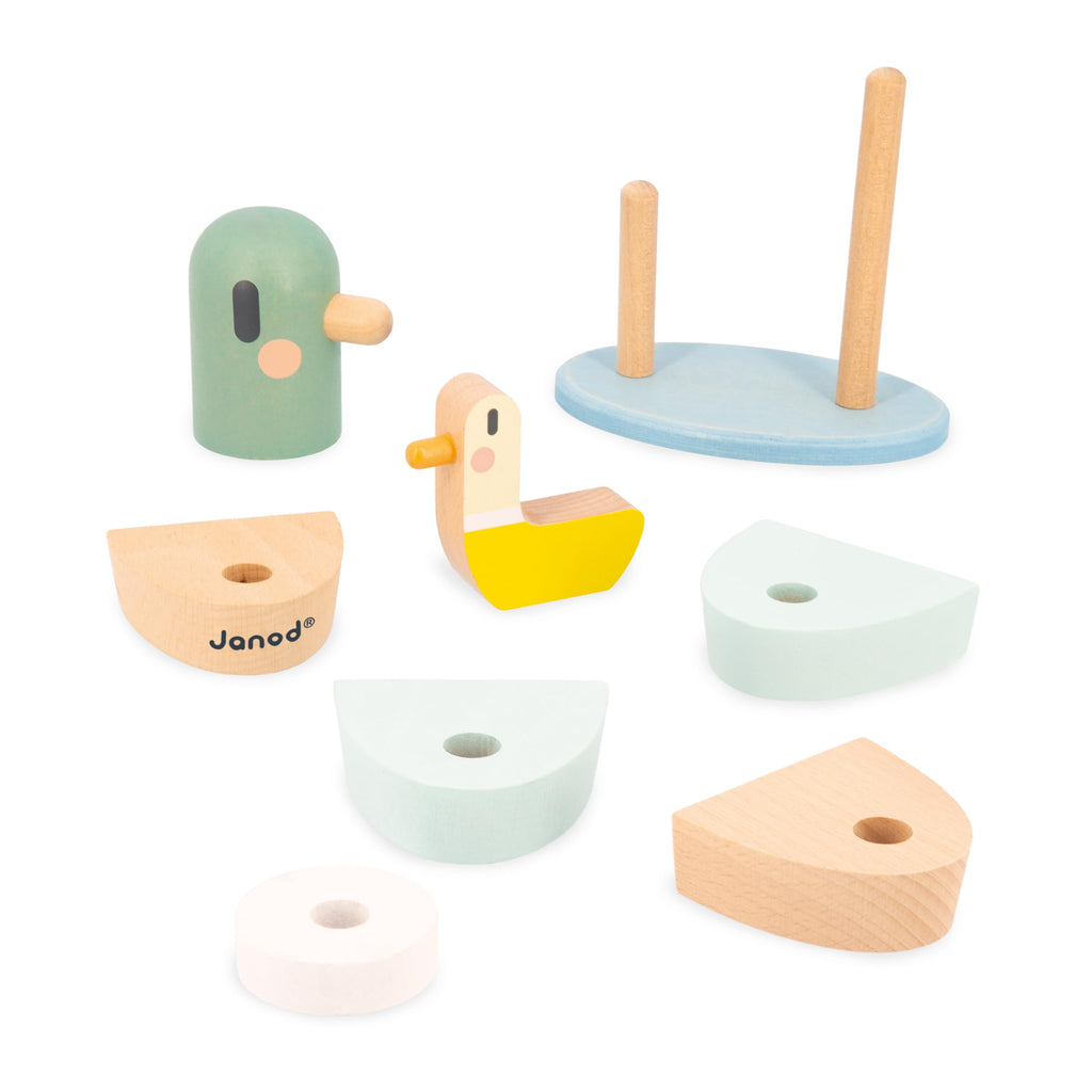 Janod Duck Stacking Toy - 7 Wooden Pieces on Flexible Poles