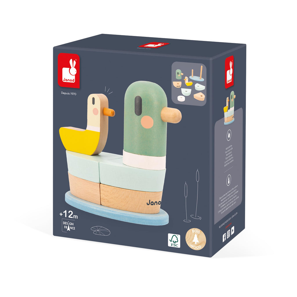 Janod Duck Stacking Toy - 7 Wooden Pieces on Flexible Poles
