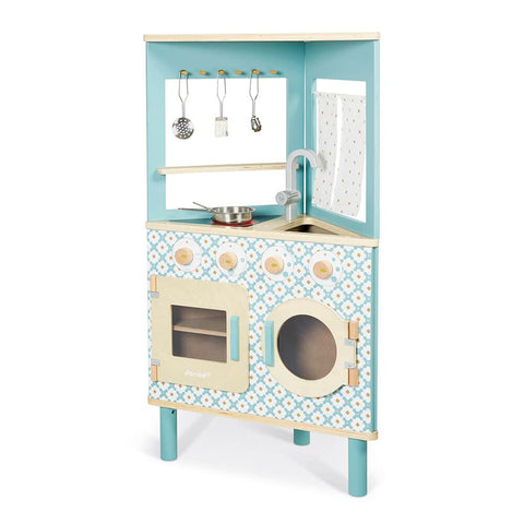 Janod Trio Wooden Kitchen - 3-Sided Retro Set with Utensils