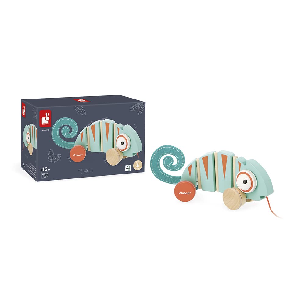 Janod Tropik Chameleon - Wooden Pull-Along with Silent Wheels