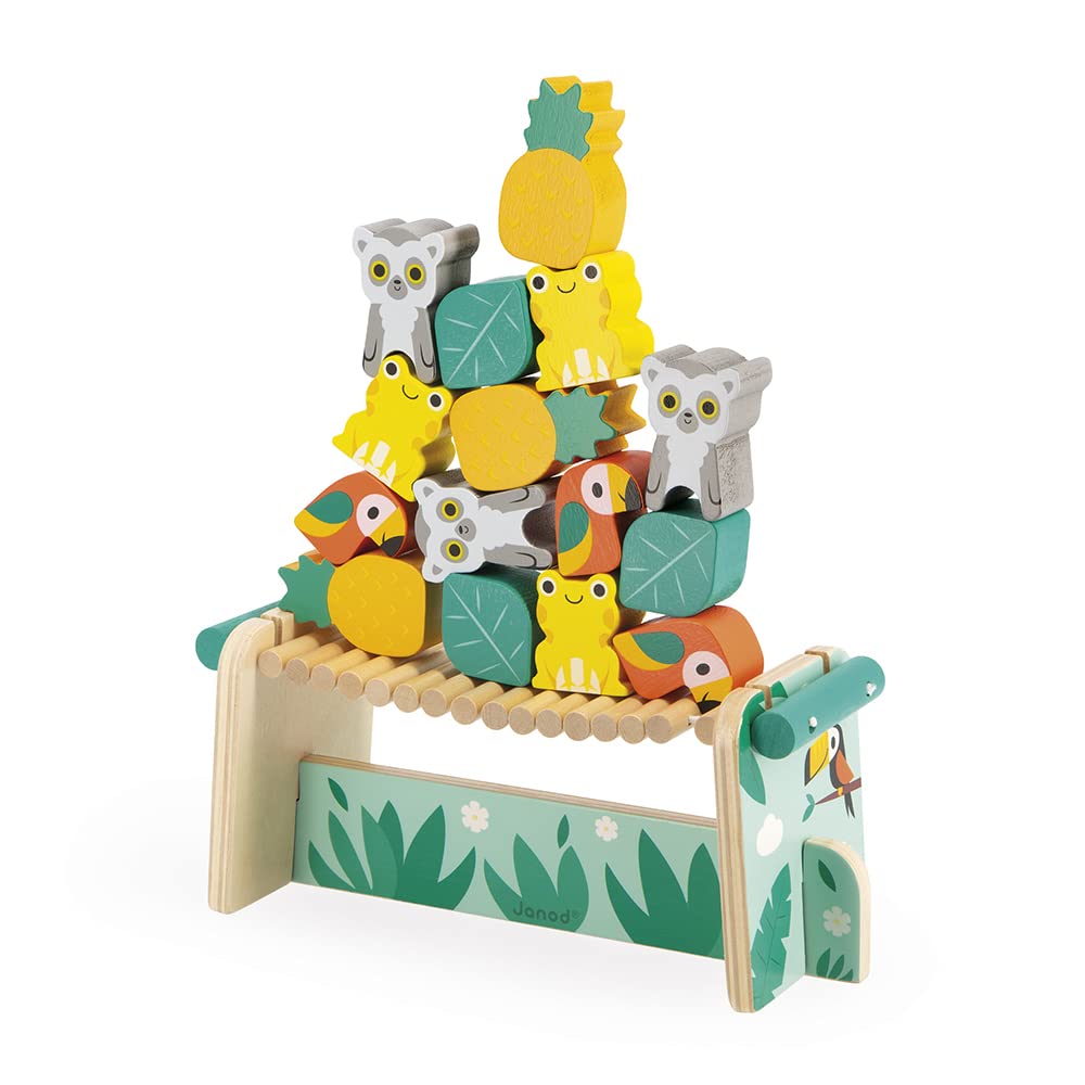 Janod Tropik Balance Game - 1 Bridge & 15 Wooden Jungle Stacking Pieces
