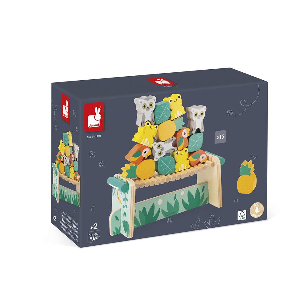 Janod Tropik Balance Game - 1 Bridge & 15 Wooden Jungle Stacking Pieces