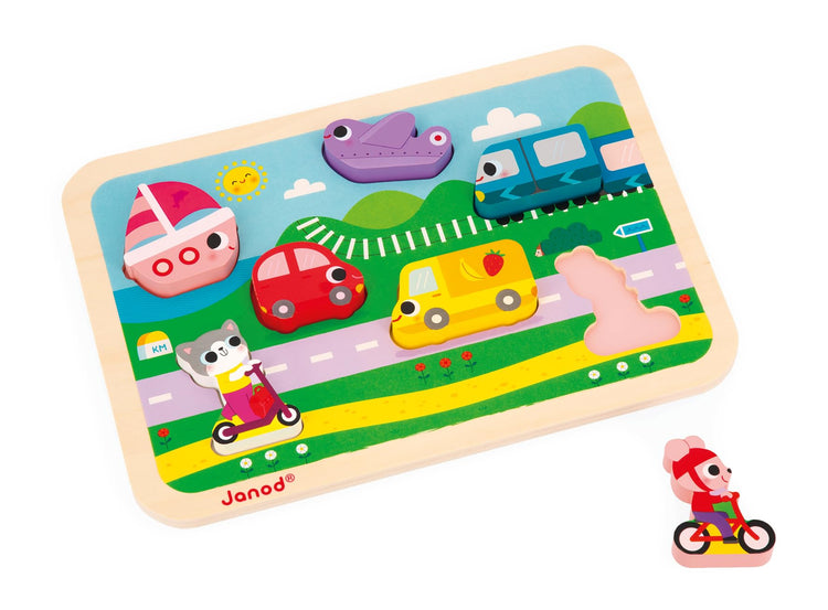 Janod Vehicles Chunky Puzzle - 7 Easy-Grip Wooden Pieces