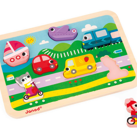 Janod Vehicles Chunky Puzzle - 7 Easy-Grip Wooden Pieces