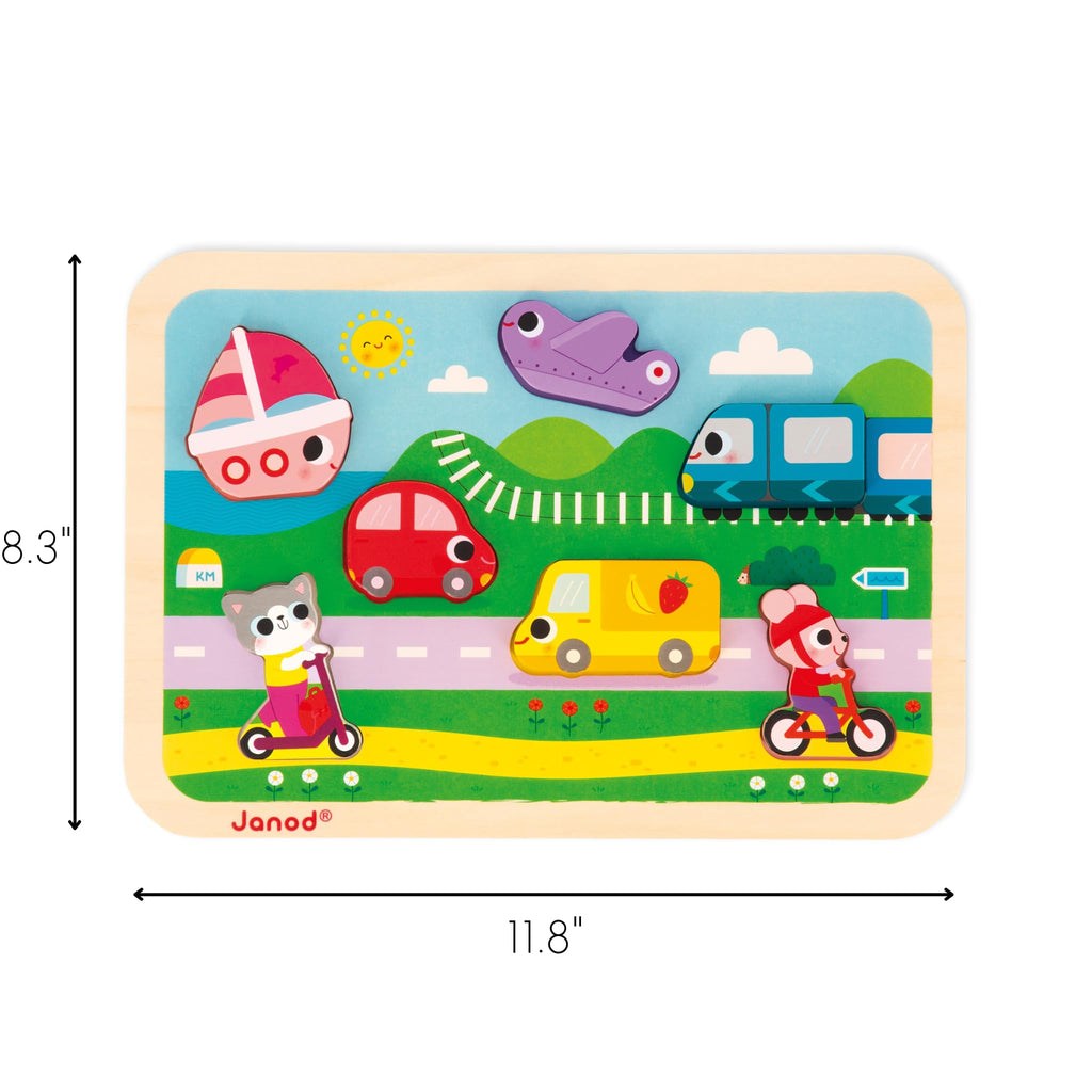 Janod Vehicles Chunky Puzzle - 7 Easy-Grip Wooden Pieces