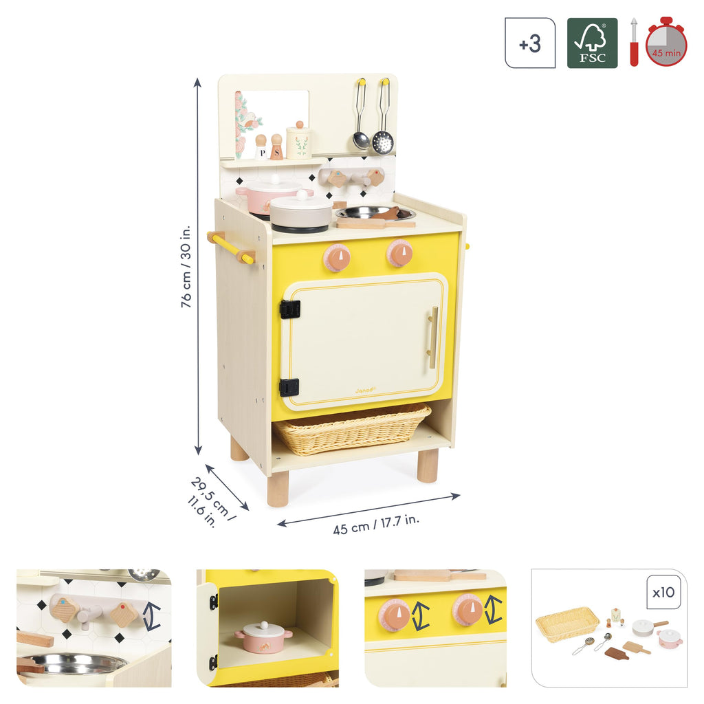 Janod Yellow Wooden Kitchen - 11 Accessories and Sound Knobs