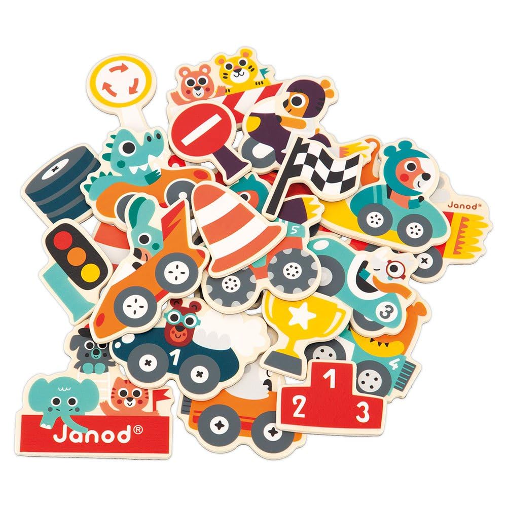 Janod Wooden Vehicle Magnets - 24 Pieces for Fridge Play