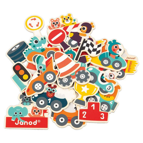 Janod Wooden Vehicle Magnets - 24 Pieces for Fridge Play