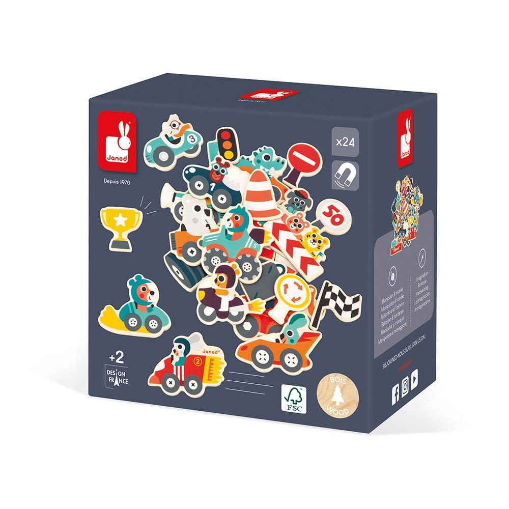 Janod Wooden Vehicle Magnets - 24 Pieces for Fridge Play