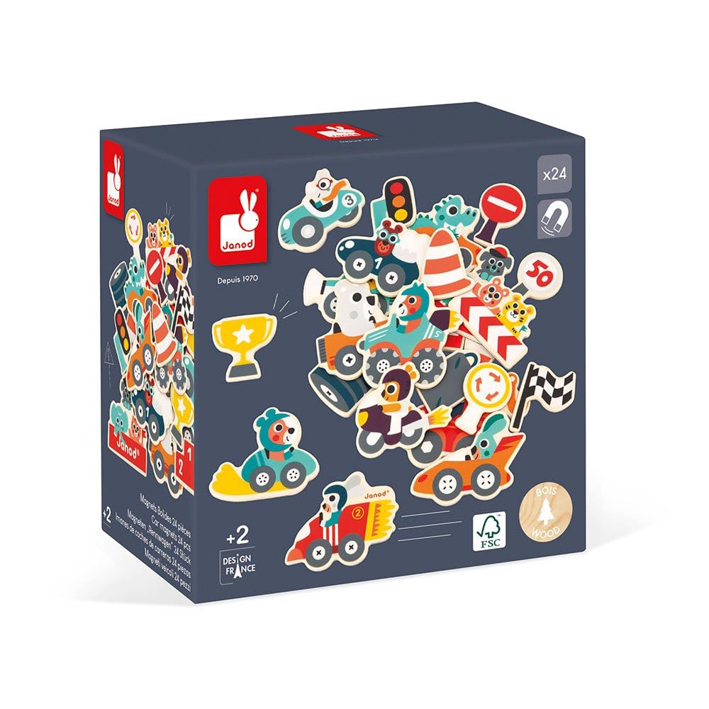 Janod Wooden Vehicle Magnets - 24 Pieces for Fridge Play
