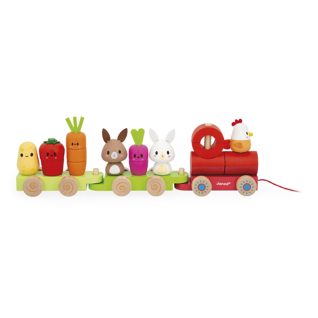 Janod Farm Pull-Along Train - 3 Wagons and 19 Stacking Pieces