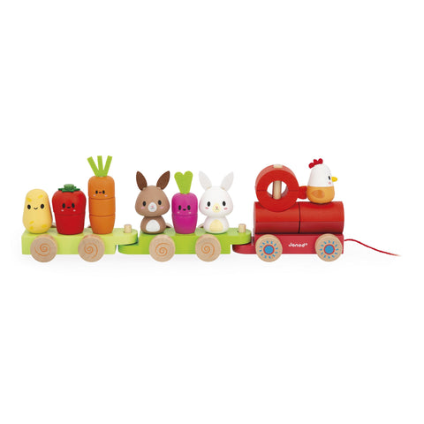 Janod Farm Pull-Along Train - 3 Wagons and 19 Stacking Pieces