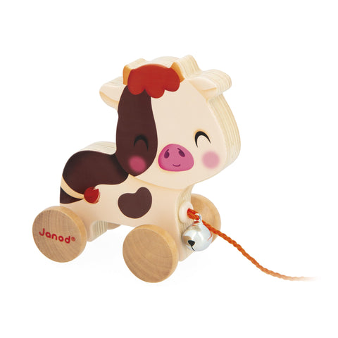 Janod Wooden Cow - Bell Pull-and-Push Toy for Small Hands