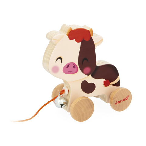 Janod Wooden Cow - Bell Pull-and-Push Toy for Small Hands