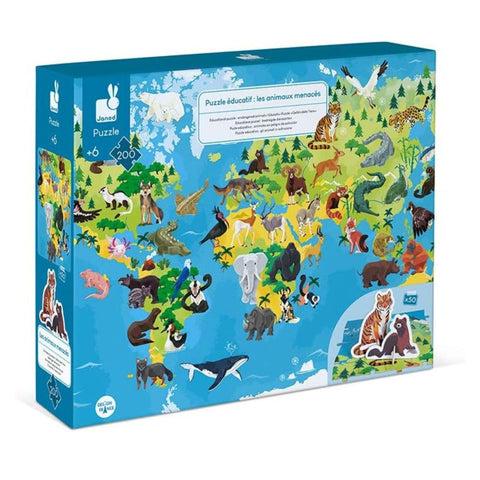 Janod World Atlas Floor Puzzle - 200 Pieces, Endangered Animals