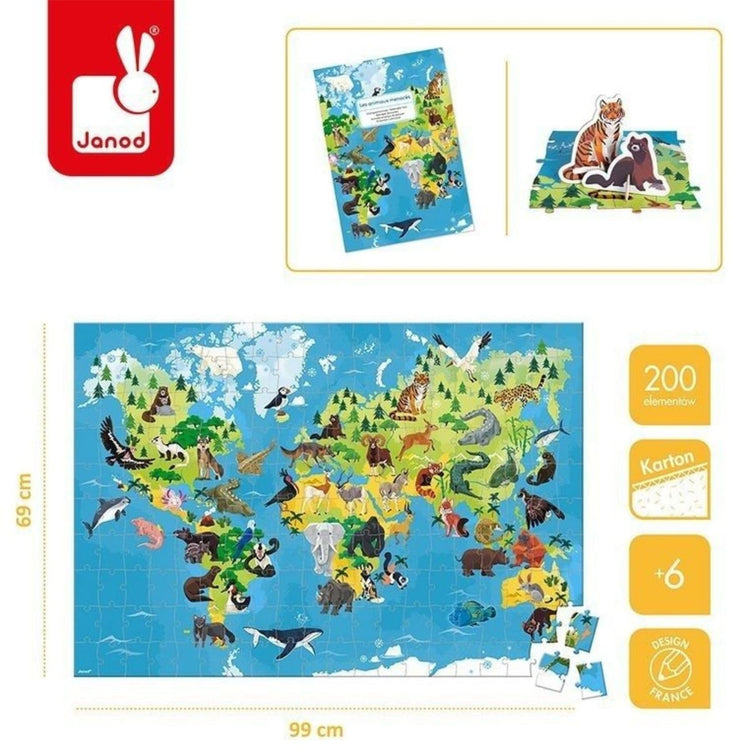 Janod World Atlas Floor Puzzle - 200 Pieces, Endangered Animals