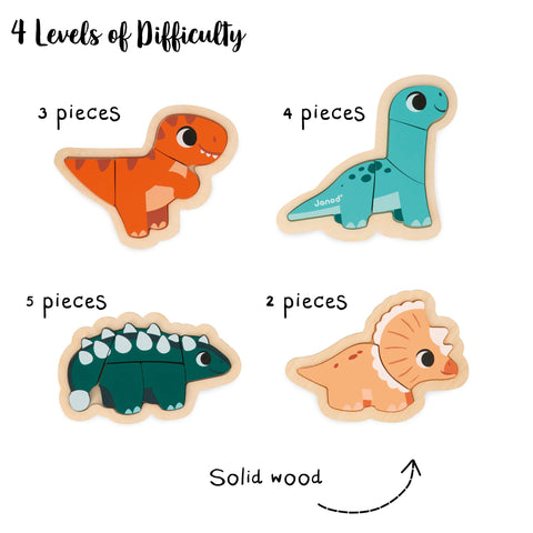 Janod Dino Puzzles - 4 Progressive FSC Wooden Dinosaurs