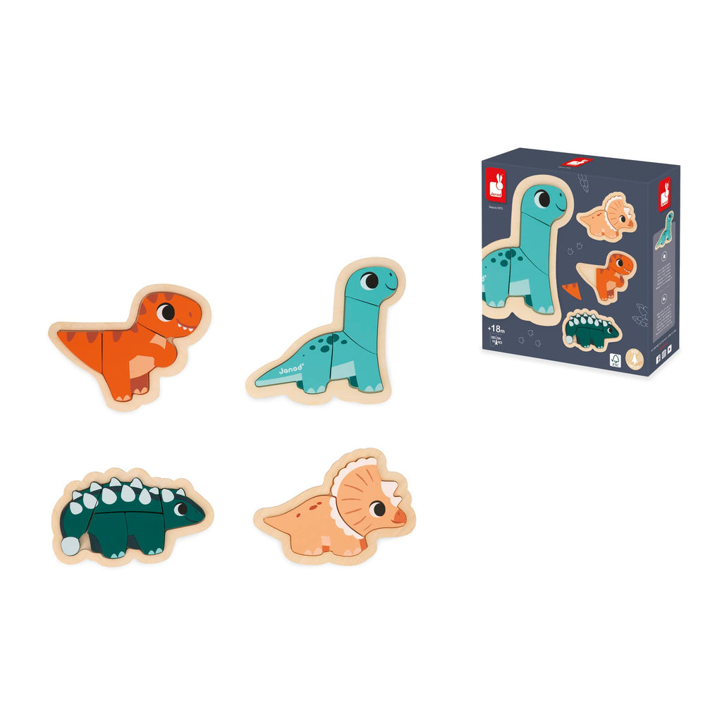 Janod Dino Puzzles - 4 Progressive FSC Wooden Dinosaurs
